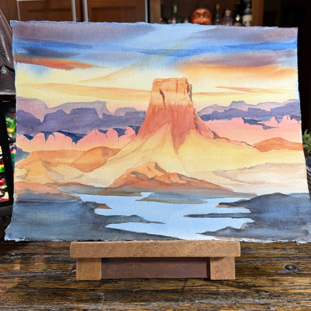 Sunset Mountain Watercolor Art Painting Desert - Picture 2 of 10